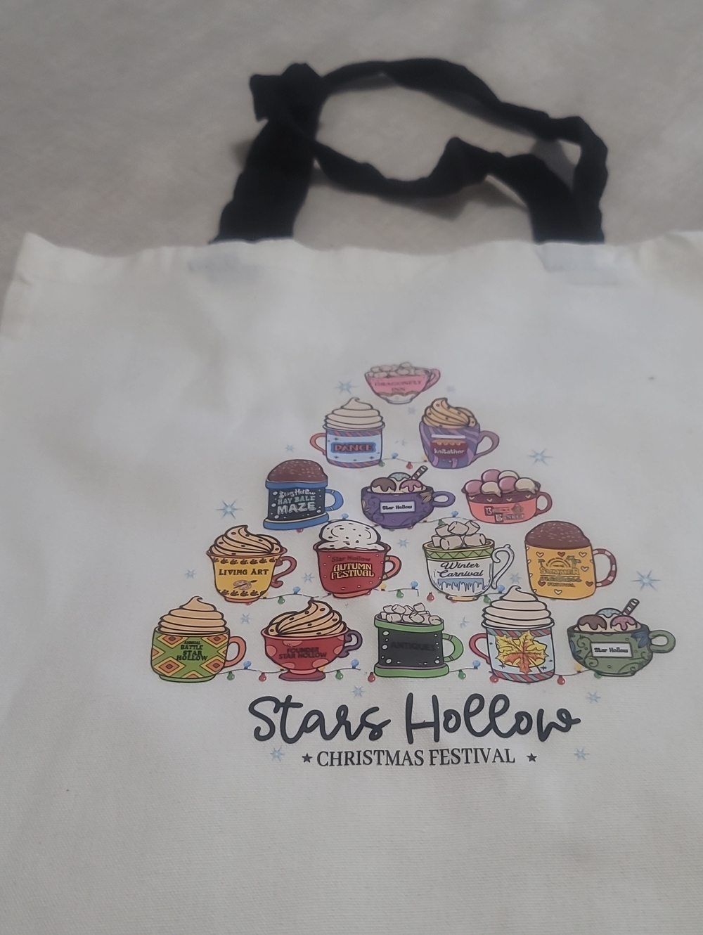 Stars Hollow Christmas Festival White Tote Bag with Colorful Mug Design New